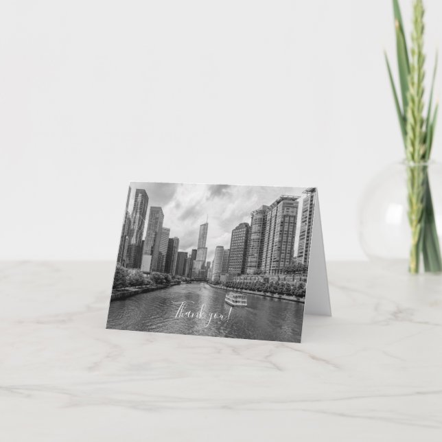 Tarjeta De Agradecimiento Chicago River Y Trump Tower Grayscale Gracias (Anverso)