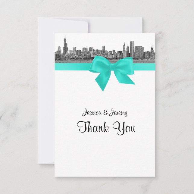 Tarjeta De Agradecimiento Chicago Skyline Etched BW Aqua Gracias (Anverso)