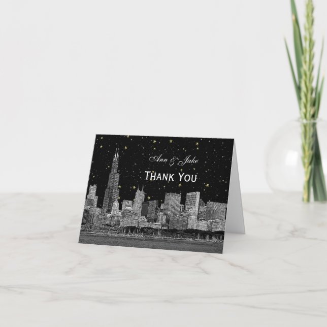 Tarjeta De Agradecimiento Chicago Skyline Etched Starry DIY BG Gracias (Anverso)
