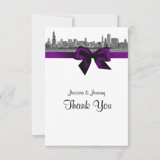 Tarjeta De Agradecimiento Chicago Skyline Grabado BW Púrpura Gracias