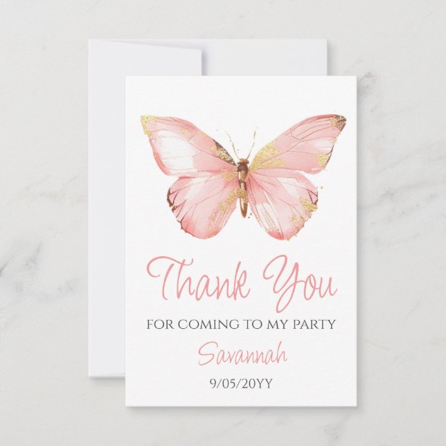 Tarjeta De Agradecimiento Chicas acribillan mariposa rosa Rubor Fiesta de cu (Anverso)