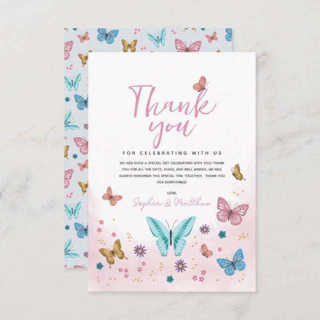 Tarjeta De Agradecimiento Chicas Cute mariposa rosa caprichosa m Baby Shower (Anverso / Reverso)