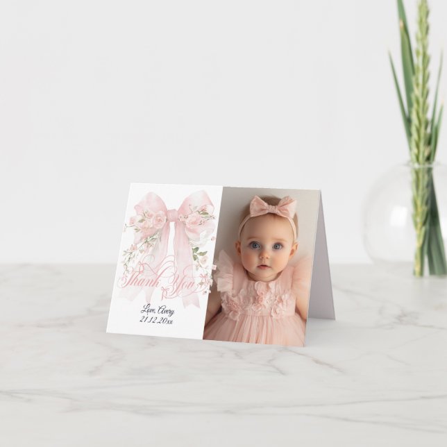 Tarjeta De Agradecimiento Chicas de Bowtiful One Photo First Birthday Floral (Anverso)