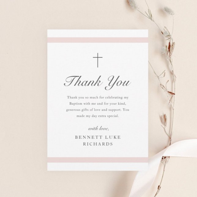 Tarjeta De Agradecimiento Chicas de la elegancia moderna bautismo (Modern girls baptism thank you card with pink bars and elegant script typography with minimal cross.)