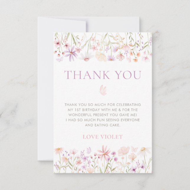 Tarjeta De Agradecimiento Chicas de mariposas silvestres en primer cumpleaño (Anverso)