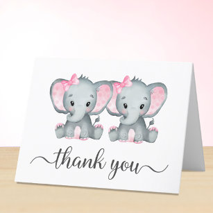 Tarjeta De Agradecimiento Chicas gemelos Cute Elephant Baby Shower