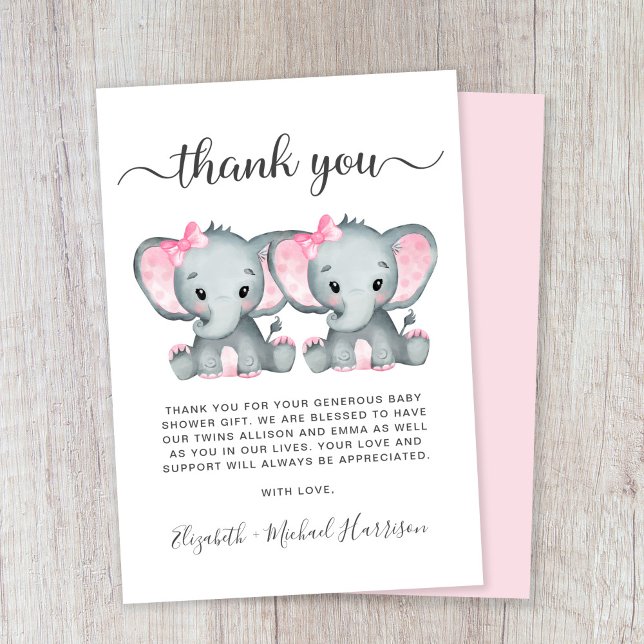 Tarjeta De Agradecimiento Chicas gemelos Cute Elephant Baby Shower (Subido por el creador)