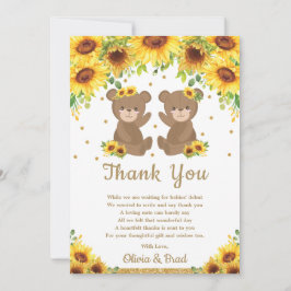 Tarjeta De Agradecimiento Chicas gemelos Teddy Bear Sunflower Baby Shower