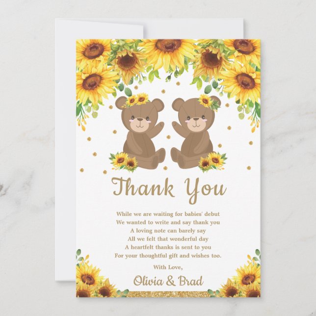 Tarjeta De Agradecimiento Chicas gemelos Teddy Bear Sunflower Baby Shower (Anverso)