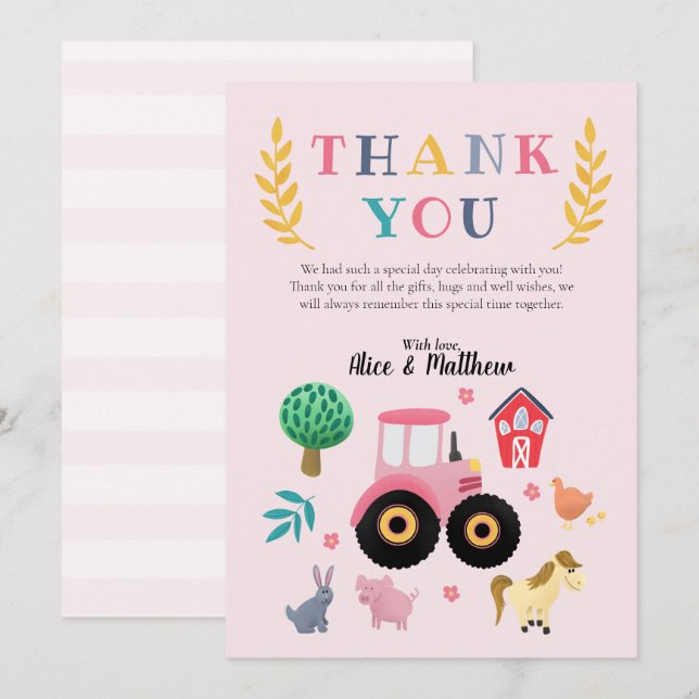 Tarjeta De Agradecimiento Chicas Granja Animales Tractores Rosa Niños Cumple (Anverso / Reverso)