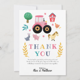 Tarjeta De Agradecimiento Chicas Granjas Animales Tractor Rústico Rosa Baby 