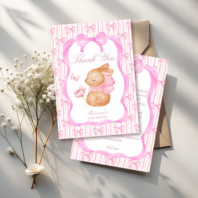 Tarjeta De Agradecimiento Chicas limítrofes de arco rosa lindo conejo ducha  (Cute Bunny pink bow border girls baby shower Thank You Cards spring baby shower thank you cards)