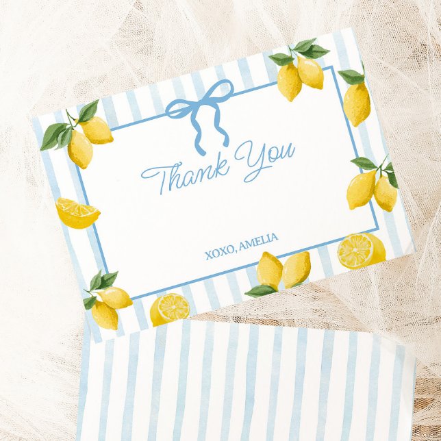 Tarjeta De Agradecimiento Chicas Whimsical Blue Bow Lemon Amalfi Cumpleaños (Subido por el creador)