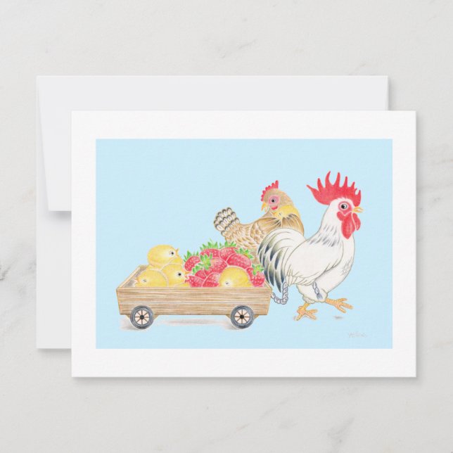 Tarjeta De Agradecimiento Chicken Chicks Family Strawberries Blue Flat  Card (Anverso)