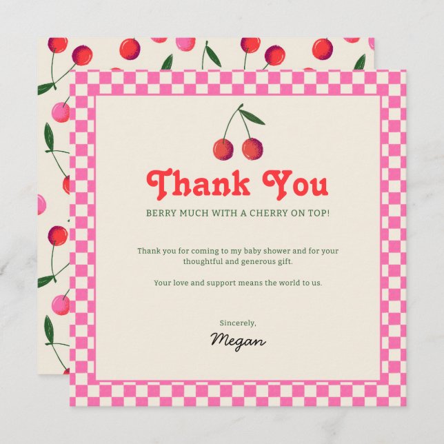 Tarjeta De Agradecimiento Chico Cereza Shower de Retrospectiva para Bebe (Anverso / Reverso)