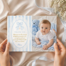 Tarjeta De Agradecimiento Chico de Arco Azul Elegante Foto Plano de Bautizo
