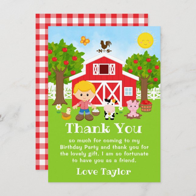 Tarjeta De Agradecimiento Chico de Cumpleaños Rojo Pelo Rubio Granja (Anverso / Reverso)