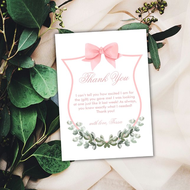 Tarjeta De Agradecimiento Chico de lazo elegante rosa Cresta de eucalipto Ba (Pink Elegant Bow Eucalyptus Crest Baby Shower Thank You Card)