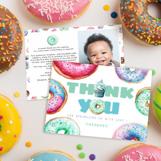Tarjeta De Agradecimiento Chico Donut Adorable Mensaje Personalizado Cumplea