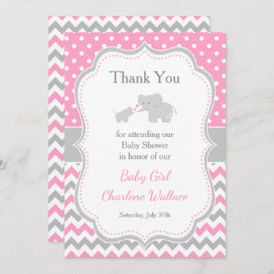 Tarjeta De Agradecimiento Chico Elefante Rosa y Gris Baby Shower