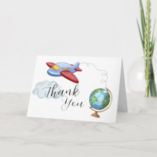 Tarjeta De Agradecimiento Chico Fiesta de Bebé de Avión Mapa del Mundo