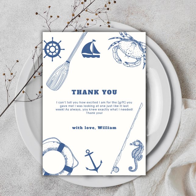 Tarjeta De Agradecimiento Chico Simple Moderno Náutico Cumpleaños de Baby Sh (Simple Modern Nautical Fishing Boy Baby Shower Thank You Card)