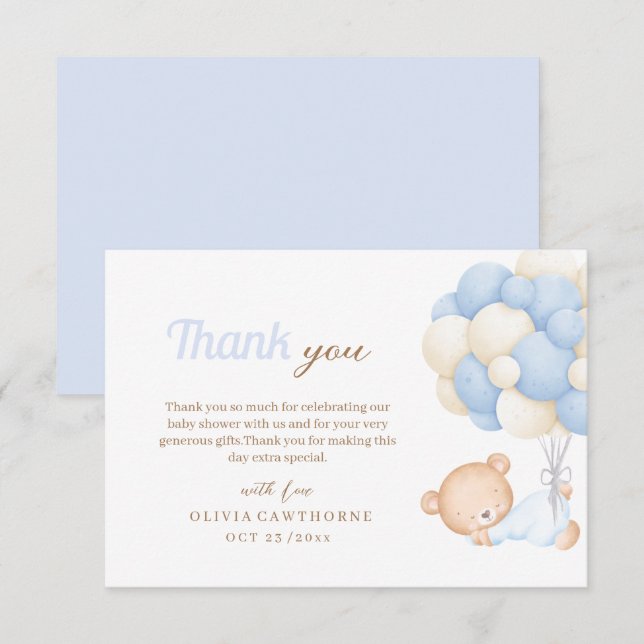 Tarjeta De Agradecimiento Chico Teddy Baby Shower  (Anverso / Reverso)