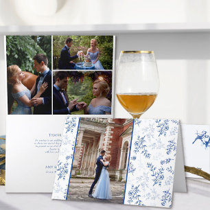 Tarjeta De Agradecimiento Chinoiserie Azul Elegancia Romántica 4 Fotos Boda