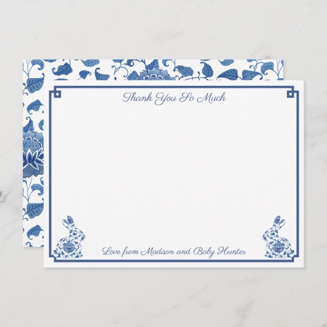 Tarjeta De Agradecimiento Chinoiserie Bunny Blue And White Boy Baby Shower (Anverso / Reverso)