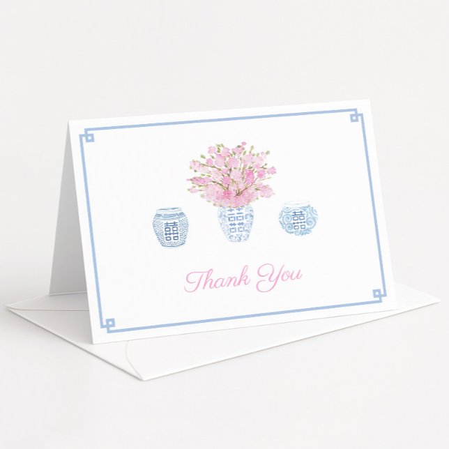 Tarjeta De Agradecimiento Chinoiserie Chic Azul Cielo y Rosa Baby Shower (watercolor blue and white chinoiserie vase filled with pink sakura cherry blossom stems)