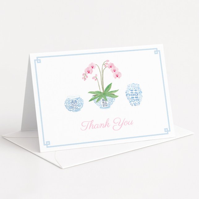 Tarjeta De Agradecimiento Chinoiserie Chic Baño de Novia de Orquídea Rosa (Preppy pink watercolor orchid and pale blue and white ginger jar thank you cards)