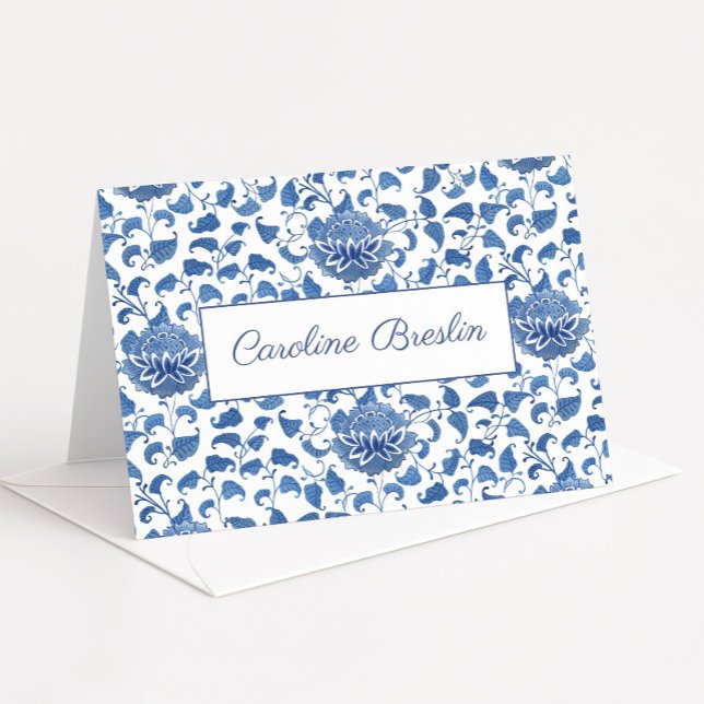Tarjeta De Agradecimiento Chinoiserie Chic Baño Nupcial Azul y Blanco (Hand painted blue and white lotus flower chinoiserie pattern thank you card or personal stationery)