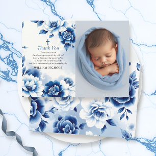 Tarjeta De Agradecimiento Chinoiserie floral azul, acuarela Baptism foto