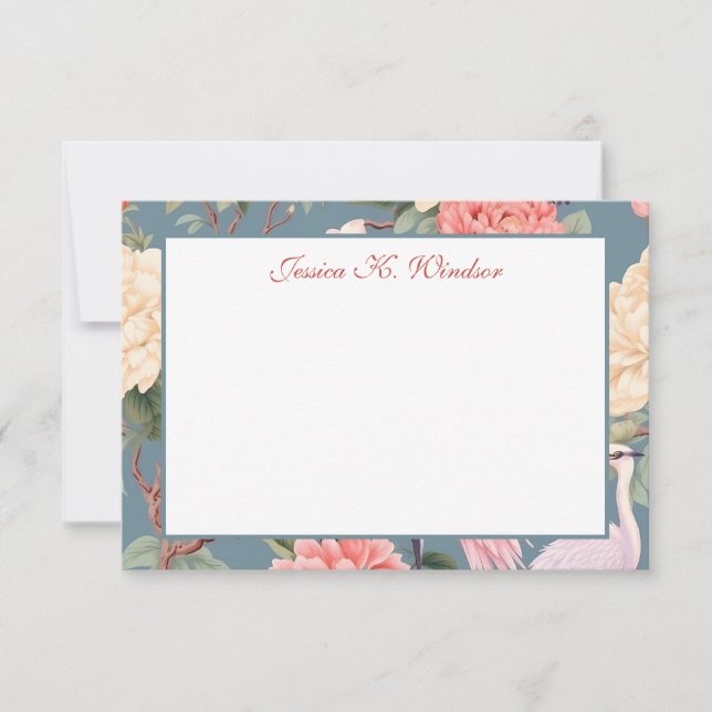 Tarjeta De Agradecimiento Chinoiserie Floral Jade Egret Personalizado (Anverso)