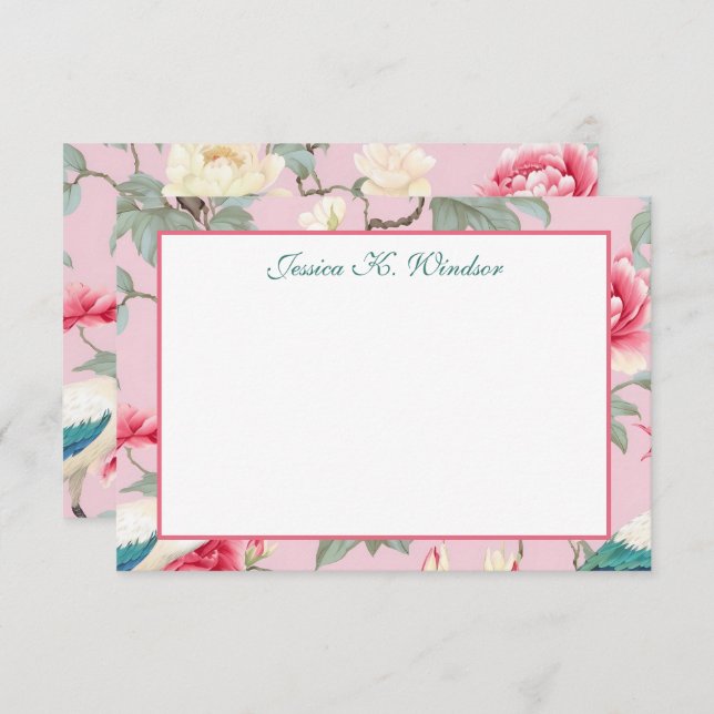 Tarjeta De Agradecimiento Chinoiserie Floral Pink Egret Personalizado (Anverso / Reverso)