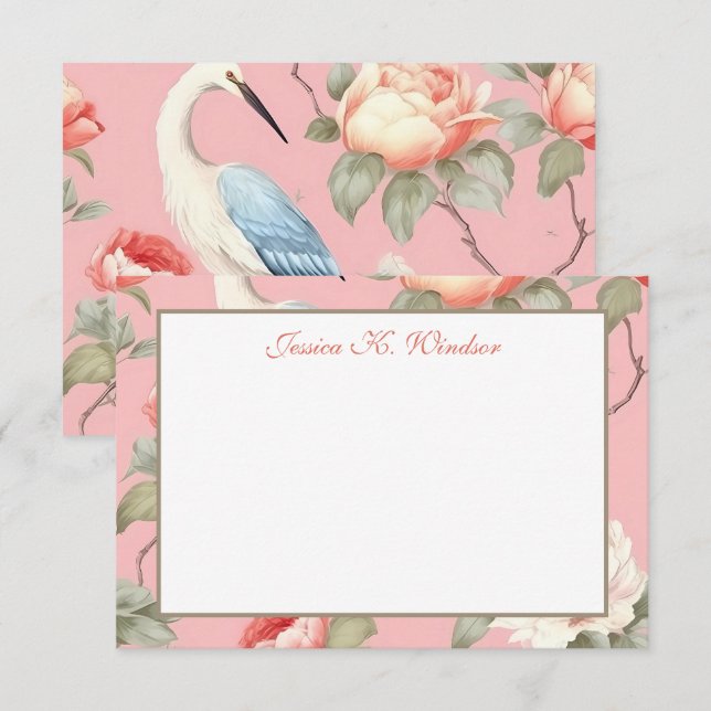 Tarjeta De Agradecimiento Chinoiserie Floral Pink Egret Personalizado (Anverso / Reverso)