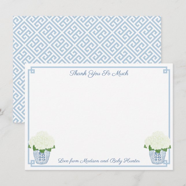 Tarjeta De Agradecimiento Chinoiserie Moda White Hydrangeas Boy Baby Shower (Anverso / Reverso)