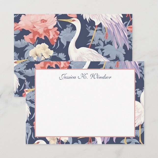 Tarjeta De Agradecimiento Chinoiserie Navy Floral Egret Personalizado (Anverso / Reverso)