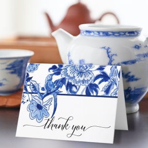 Tarjeta De Agradecimiento Chinoiserie Pájaro Floral Azul Blanco Despedida de