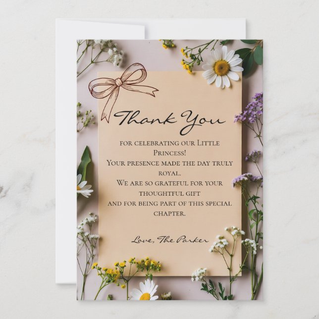 Tarjeta De Agradecimiento Chorreada de flores silvestres Princesa bebé Ducha (Anverso)