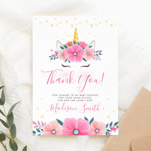 Tarjeta De Agradecimiento Chorreado de Cara de Unicornio Floral Estrellas Ba