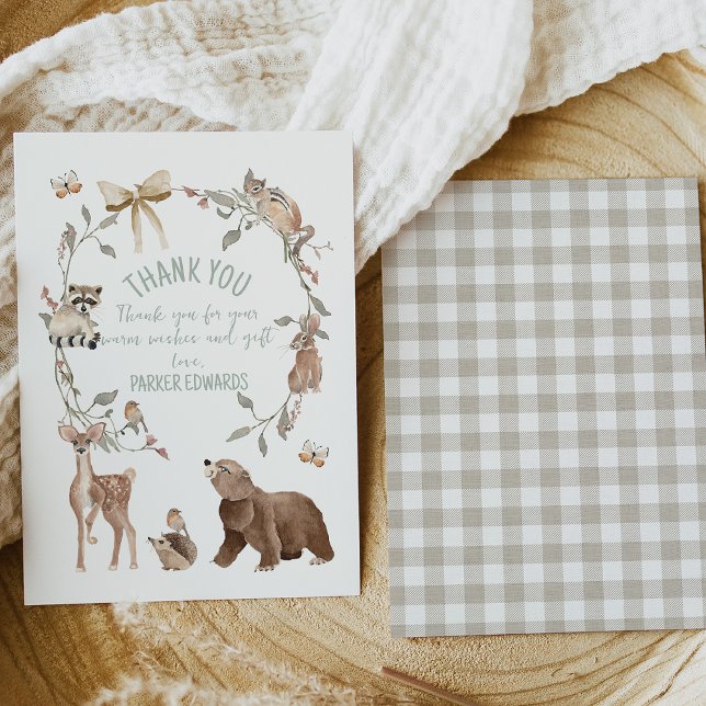 Tarjeta De Agradecimiento Chorreado Marrón Fiesta de Bebé Bosque  (Gender Neutral Woodland Baby Shower Thank You Card Template, Rustic Woodland Animals Thank You Card)