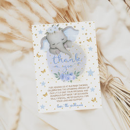 Tarjeta De Agradecimiento Chorreo de Bebé Elefante Flores Azules Luna
