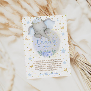 Tarjeta De Agradecimiento Chorreo de Bebé Elefante Flores Azules Luna