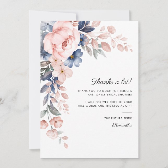 Tarjeta De Agradecimiento Chorreo Floral Azul Rosa Baño Nupcial (Anverso)