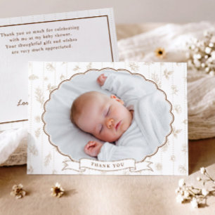 Tarjeta De Agradecimiento Chorreo Floral Beige Tan Óvalo Foto Baby Shower