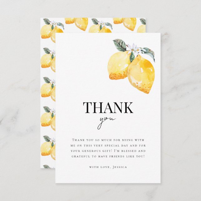 Tarjeta De Agradecimiento Chorro de Acuarela Limón Floral Baño Nupcial Citru (Anverso / Reverso)