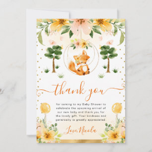Tarjeta De Agradecimiento Chorro de bebé floral lindo acuarela de zorro