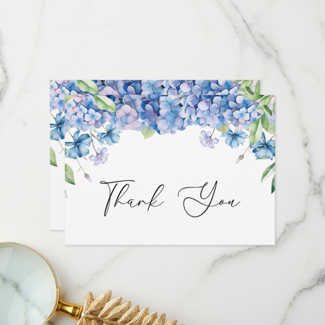 Tarjeta De Agradecimiento Chorro de boda floral de Hortensia Azul Moderno (Anverso/Reverso In Situ)