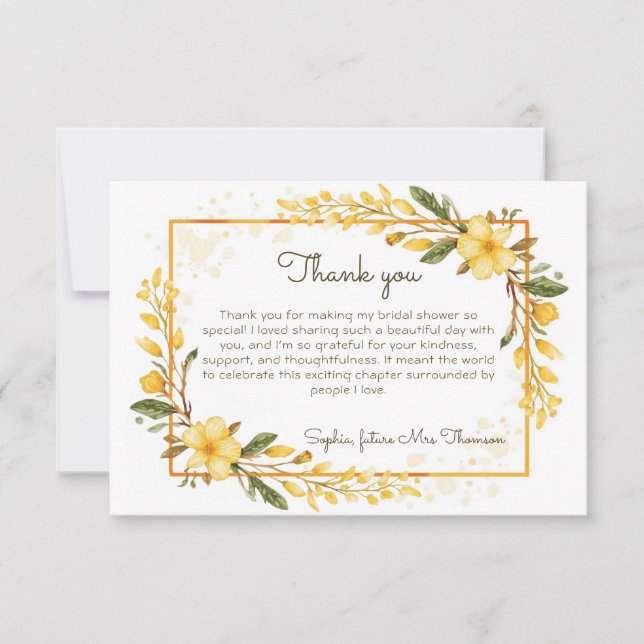 Tarjeta De Agradecimiento Chorro de Novia Floral Acuarela Amarillo Elegante (Anverso)